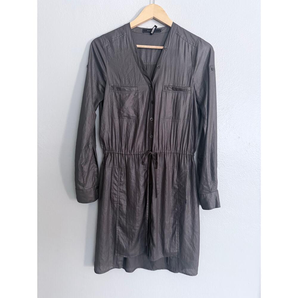 BCBGMAXAZRIA bcbg olive green lightweight semi sheer Olina button front dress - Picture 2 of 11